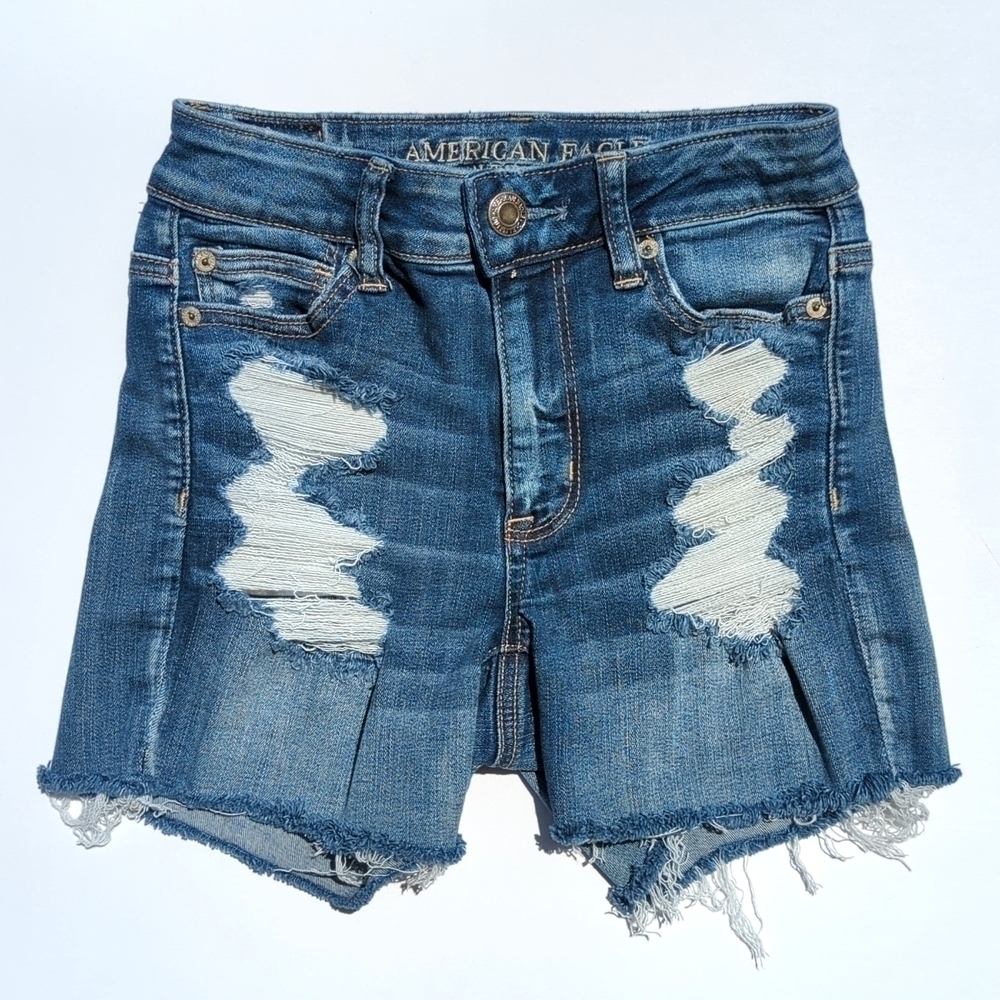 American Eagle Medium Wash Distressed High Rise Shortie Jean Denim Shorts Blue 0